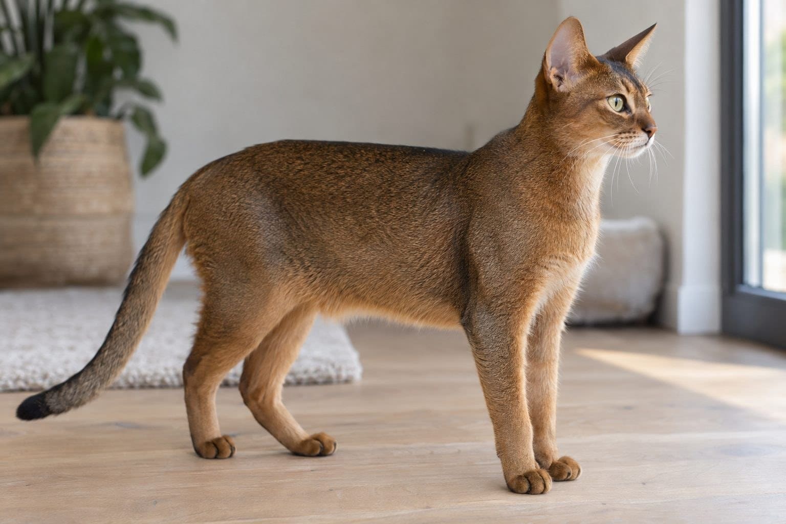 Chat Abyssin adulte montrant son pelage tacheté caractéristique et sa silhouette élancée