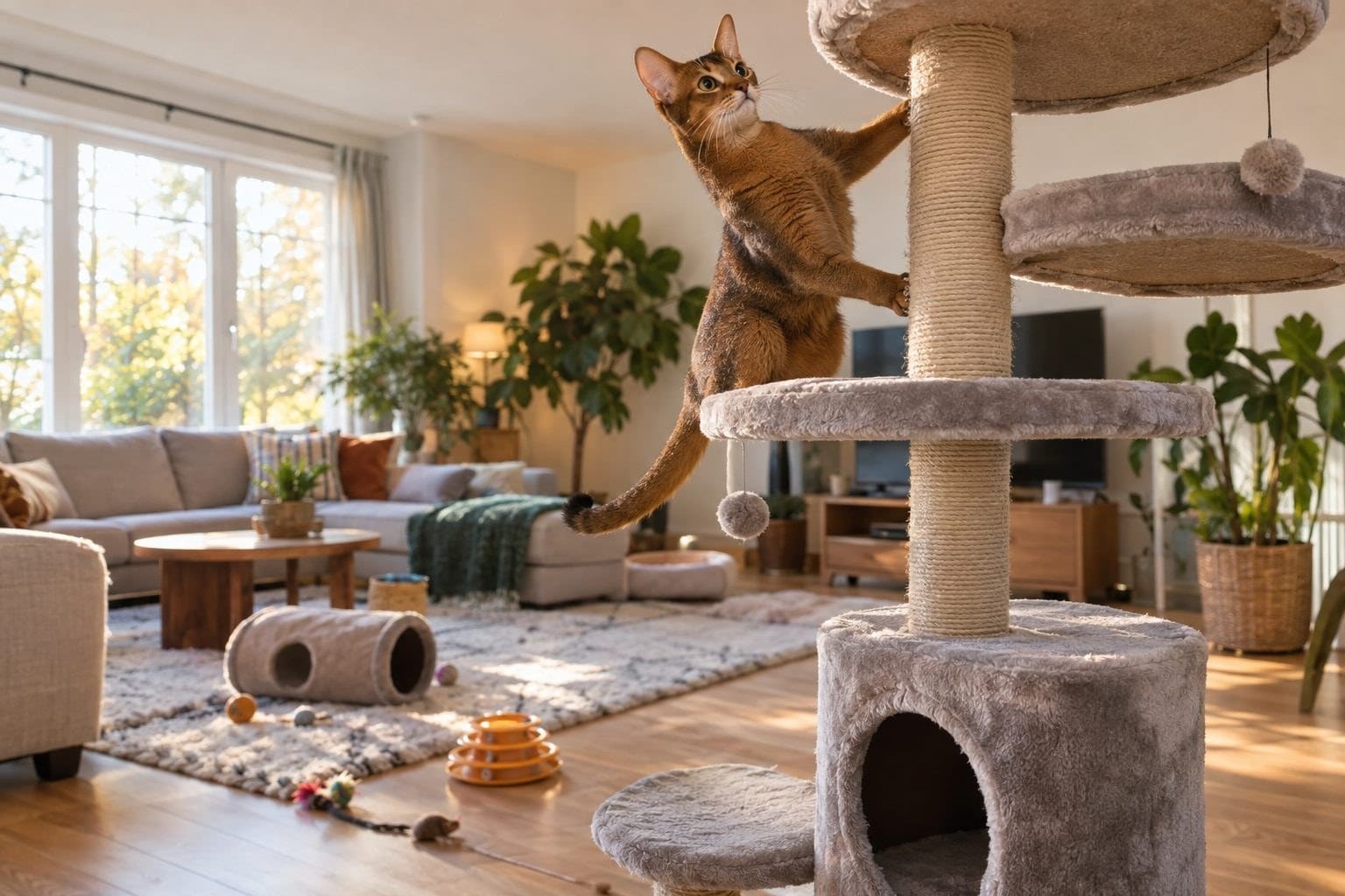 Chat Abyssin jouant et explorant dans un environnement intérieur enrichi