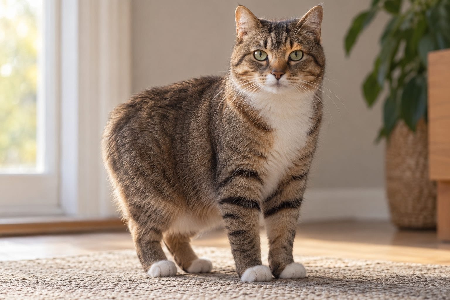 Chat Manx adulte de face, sans queue, posé en position fière