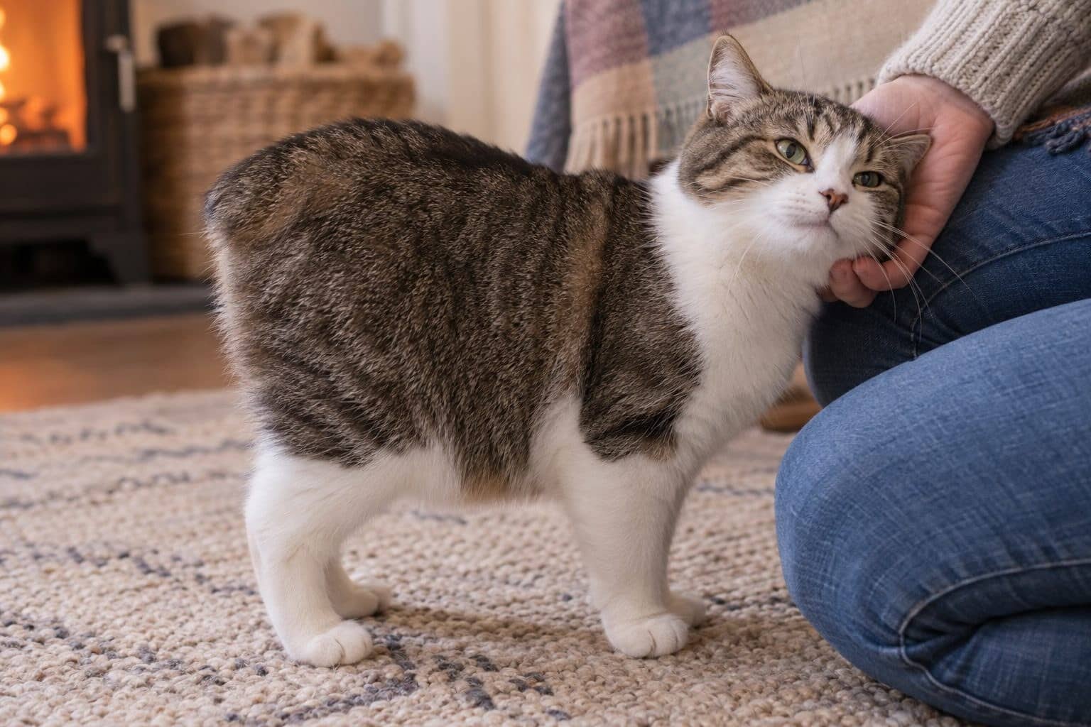 Chat Manx affectueux avec son maître, interactions tactiles