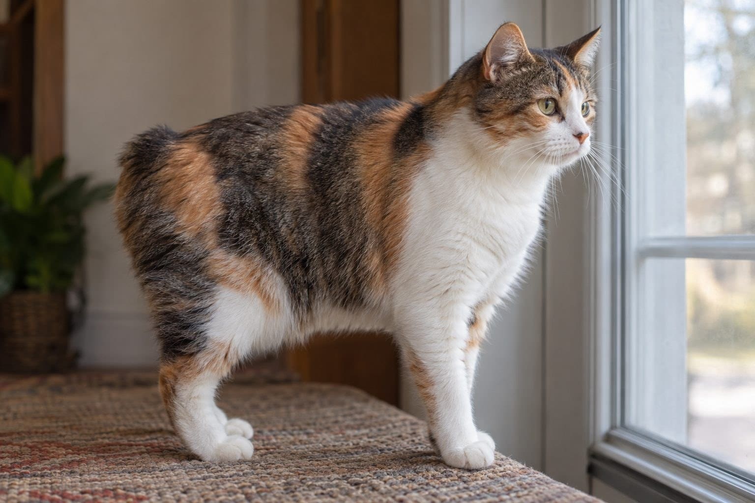 Chat Manx en position vigilante, observateur, dans son territoire domestique