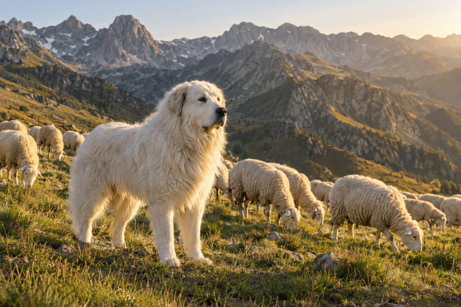 Patou (Chien de montagne des Pyrénées) gardant un troupeau de moutons en montagne