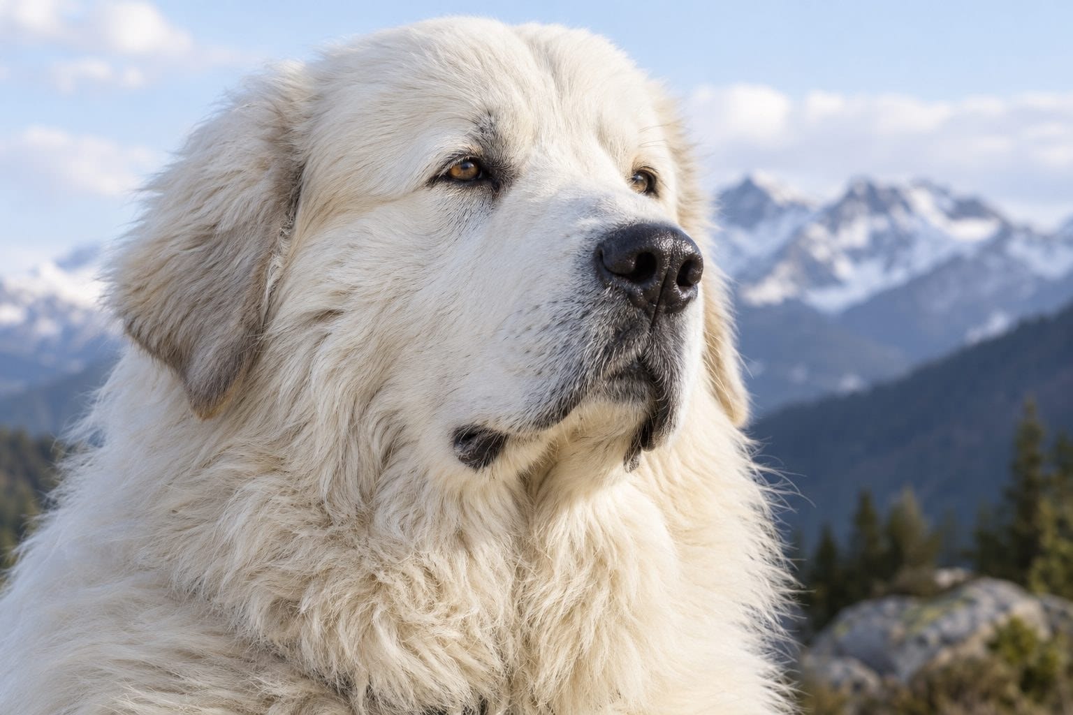 Portrait rapproché du visage d'un Patou montrant son caractère affirmé