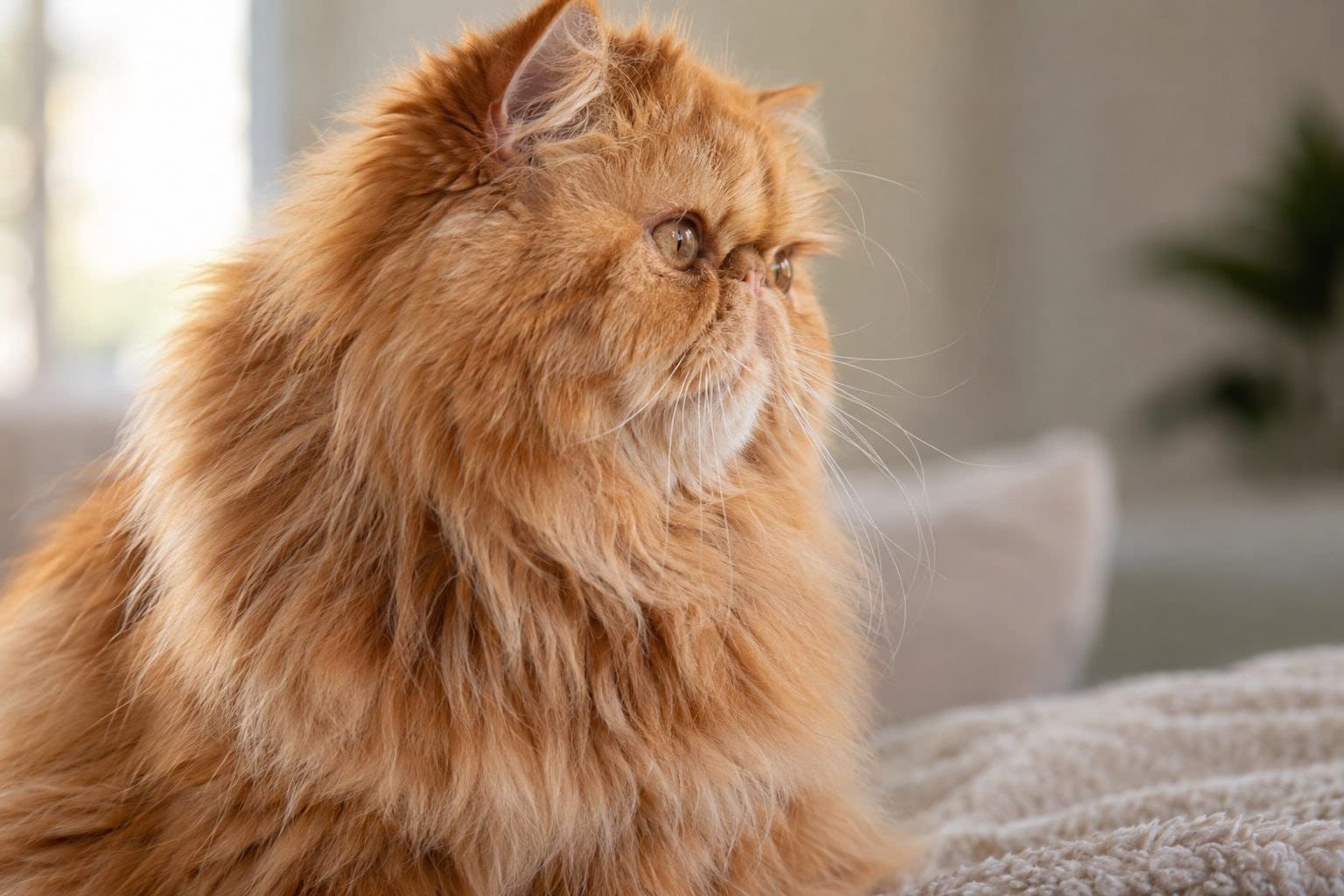 Chat persan roux de profil montrant son museau caractéristique écrasé