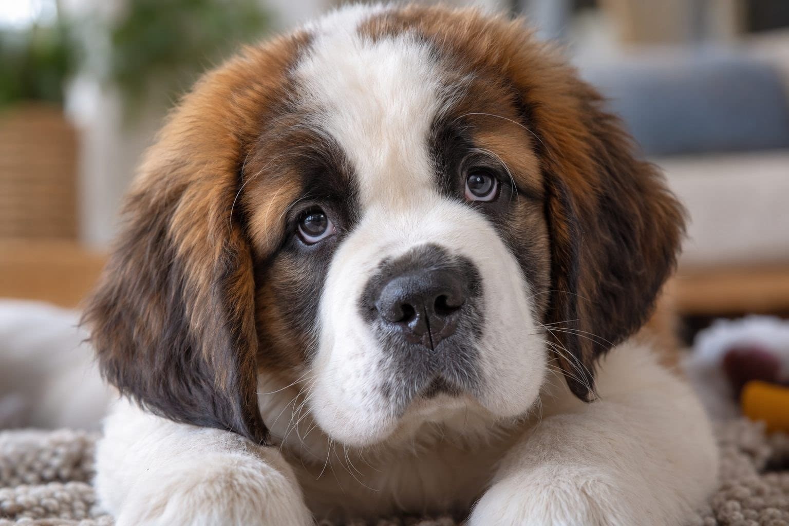 Chiot Saint-Bernard en gros plan, montrant sa sensibilité et son besoin d'affection