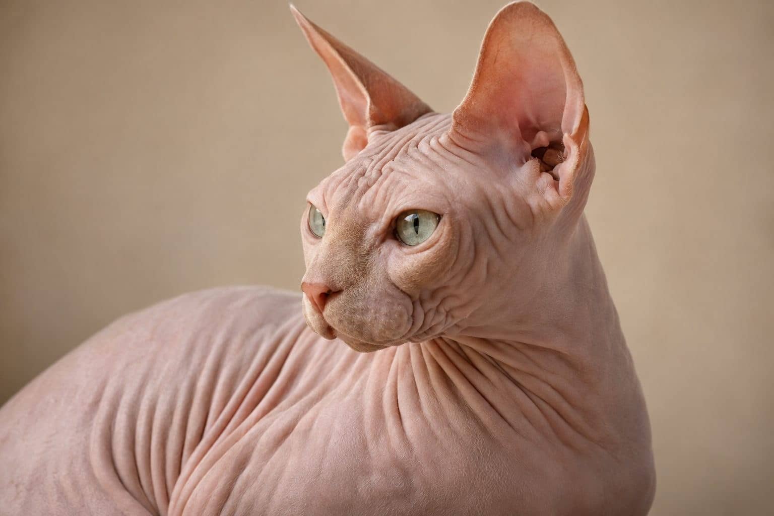 Chat Sphynx adulte en gros plan montrant sa peau nue et ridée