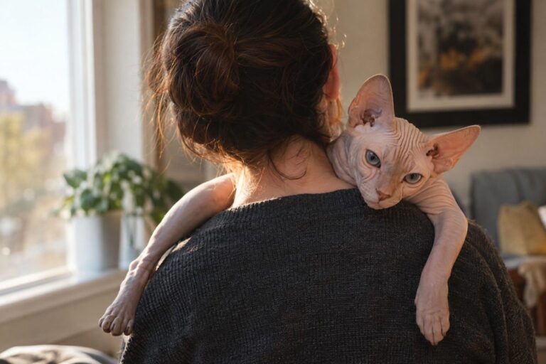 Chat Sphynx perché sur les épaules d'une personne faisant des câlins