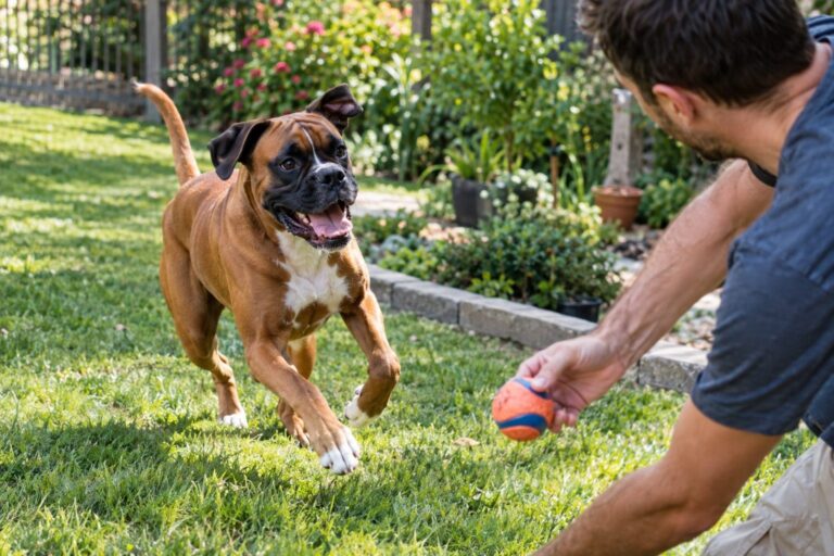 Boxer jouant avec son maître dans un jardin, montrant son attachement et sa sociabilité