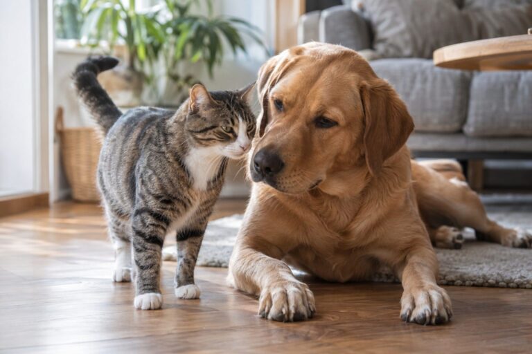 Un chat domestique et un chien se rapprochant doucement en intérieur, manifestant de la curiosité l'un envers l'autre