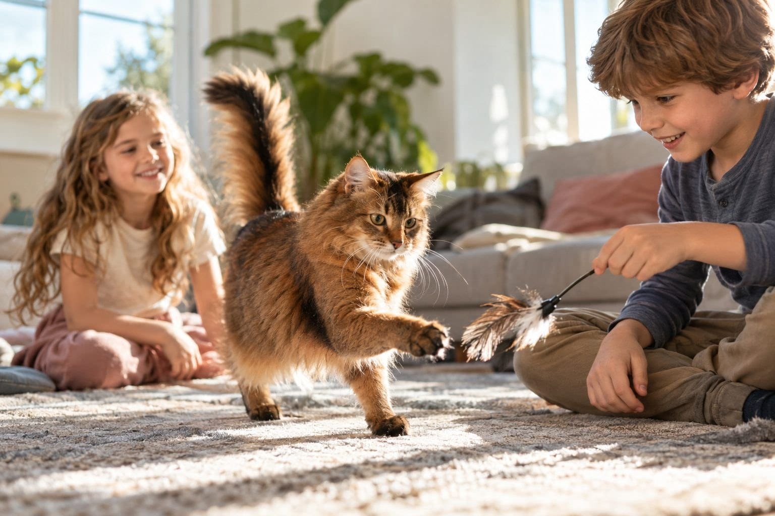 Chat Abyssin à poil long jouant avec des enfants en famille