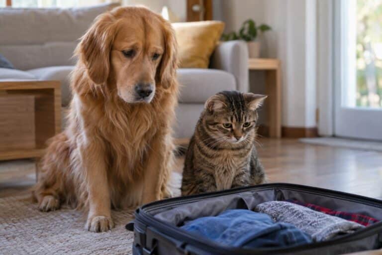 Un chien et un chat ensemble, attendant anxieusement le départ de leur propriétaire