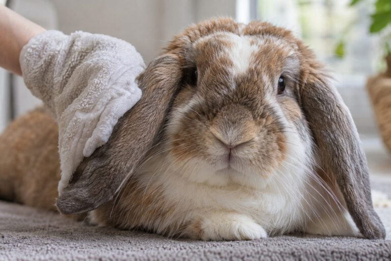 Lapin bélier aux oreilles longues en gros plan, ses oreilles étant rafraîchies avec un gant humide