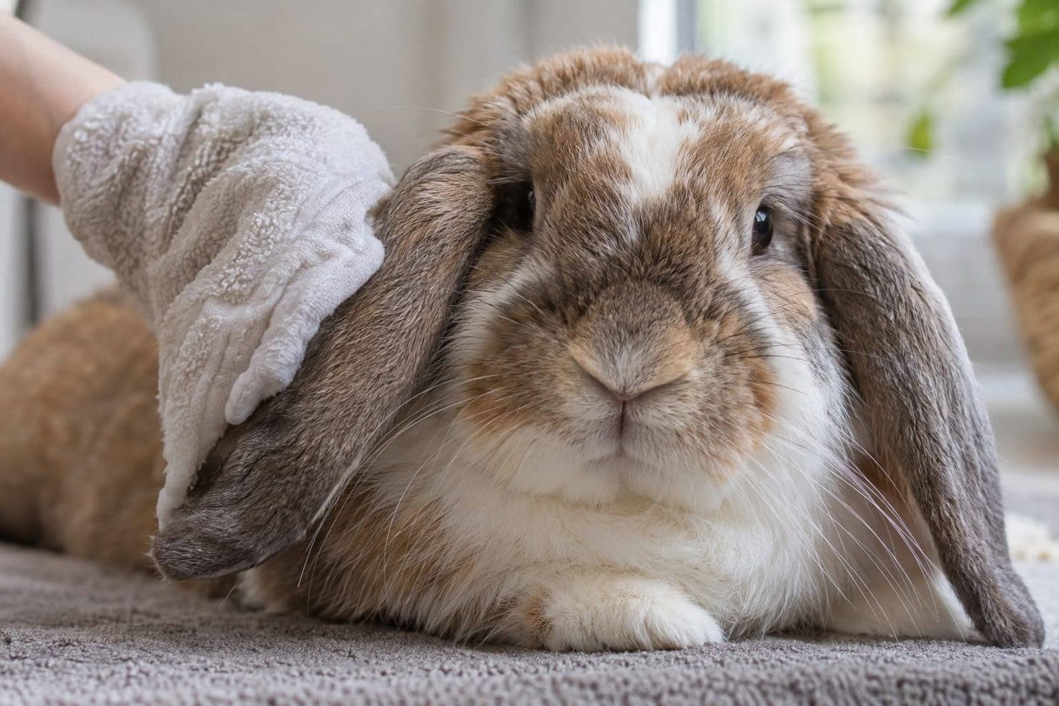 Lapin bélier aux oreilles longues en gros plan, ses oreilles étant rafraîchies avec un gant humide