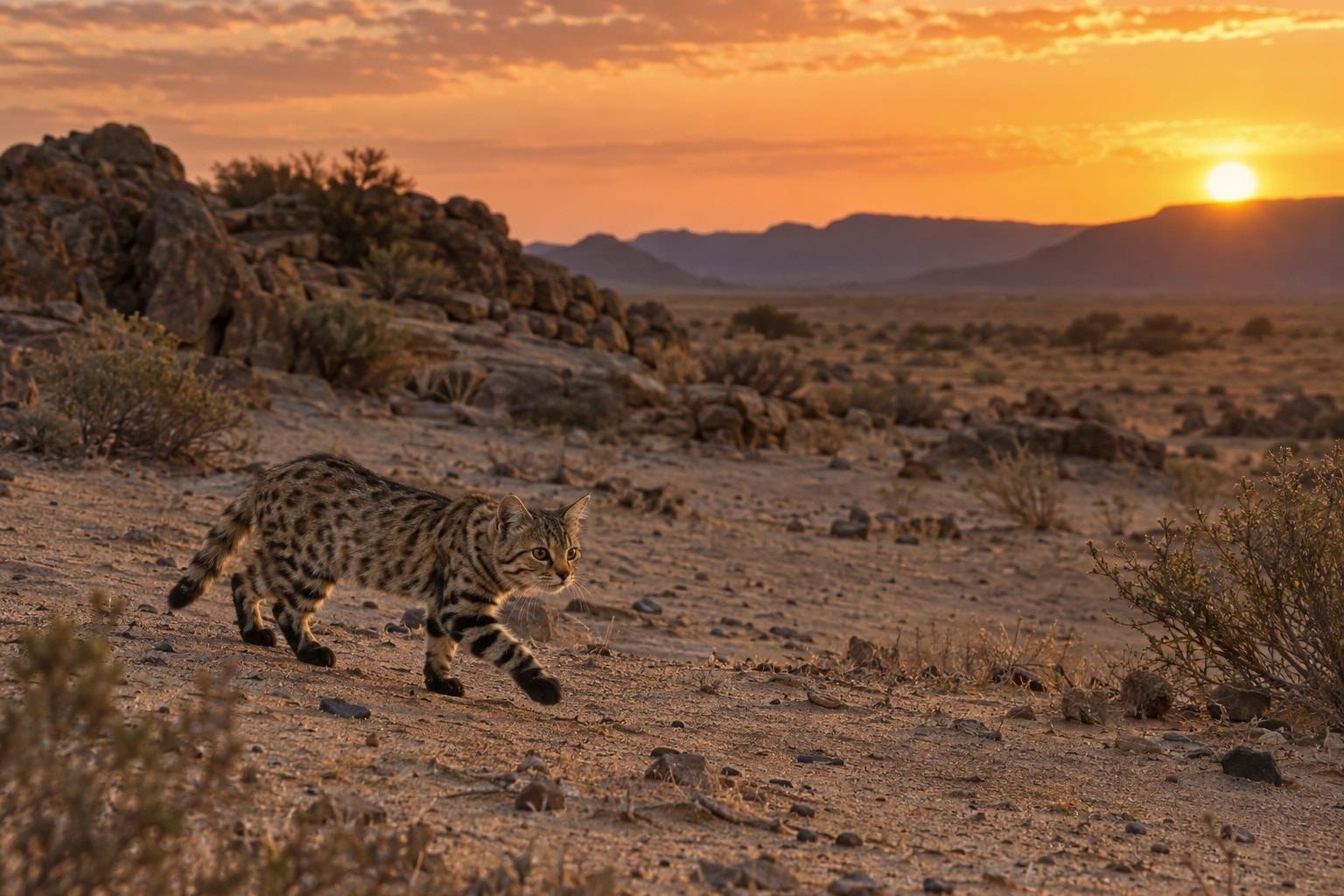 Chat à pieds noirs dans le désert sud-africain