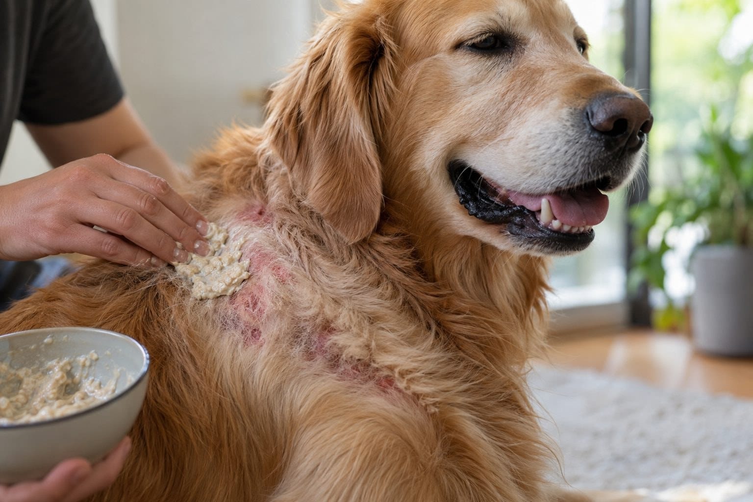 Un chien se fait appliquer de l'avoine colloïdale sur sa peau irritée