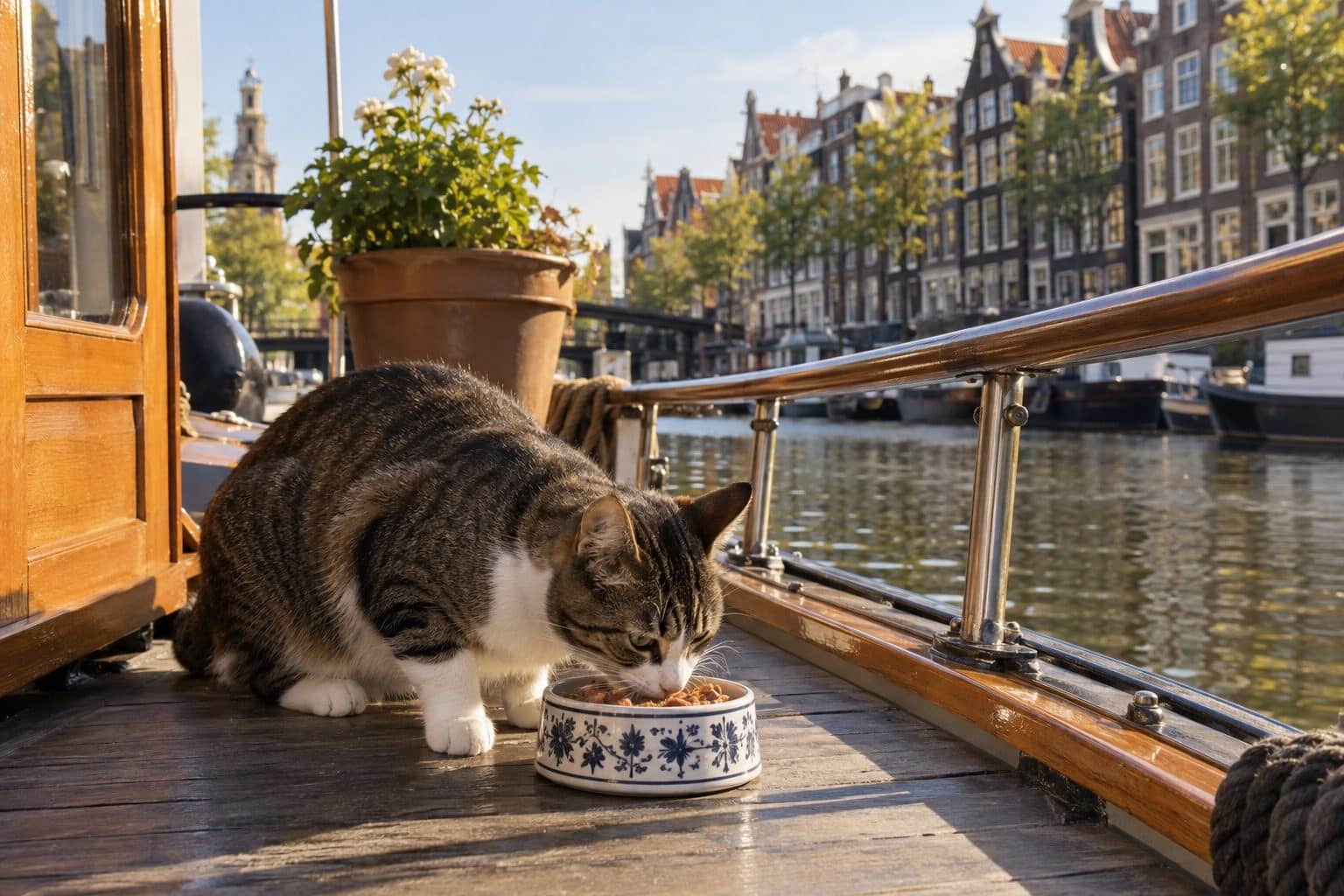 Chat errant nourri sur un bateau-refuge à Amsterdam