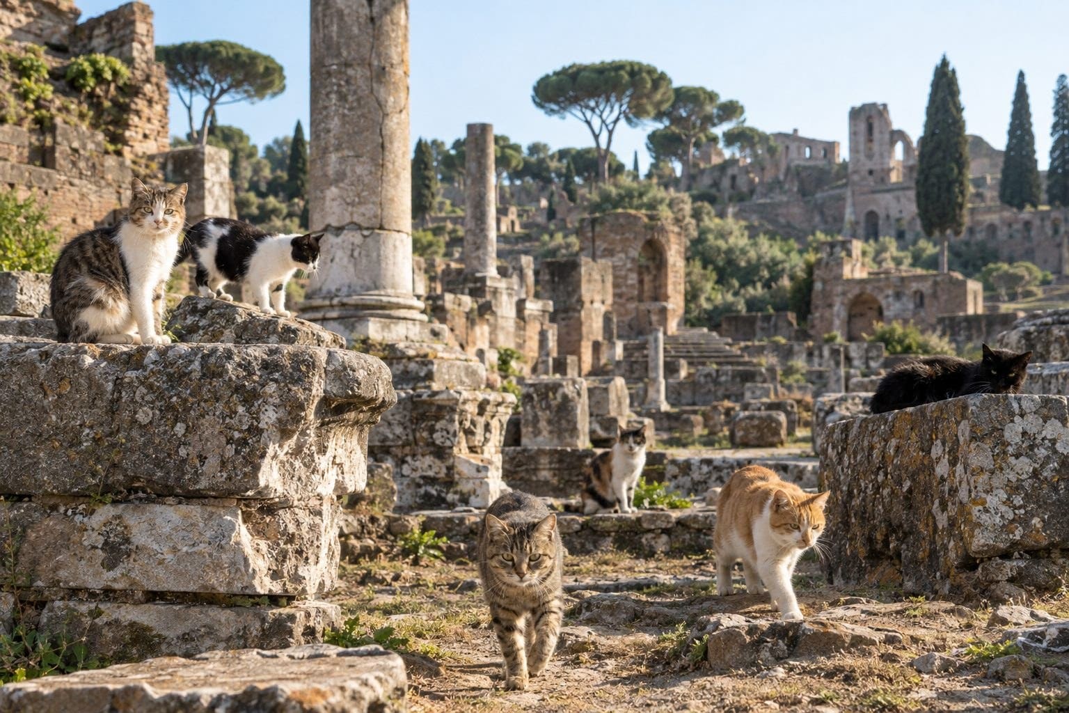 Chats errants parmi les ruines romaines du Largo di Torre Argentina à Rome