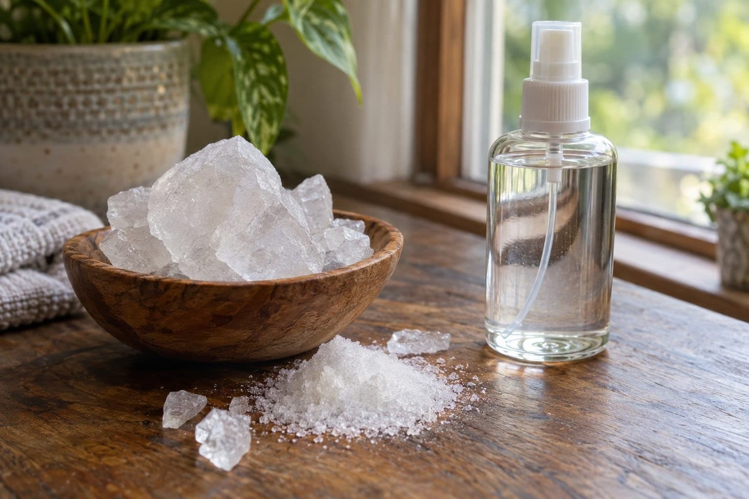 Poudre de pierre d'alun dans un récipient avec vaporisateur