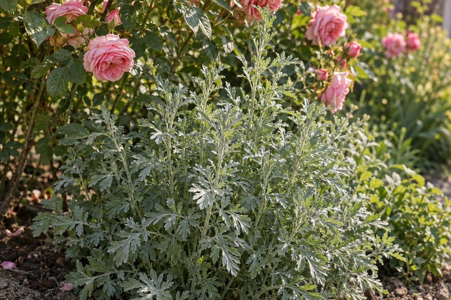 Plant d'absinthe (Artemisia absinthium) avec ses feuilles caractéristiques au pied de rosiers en fleur