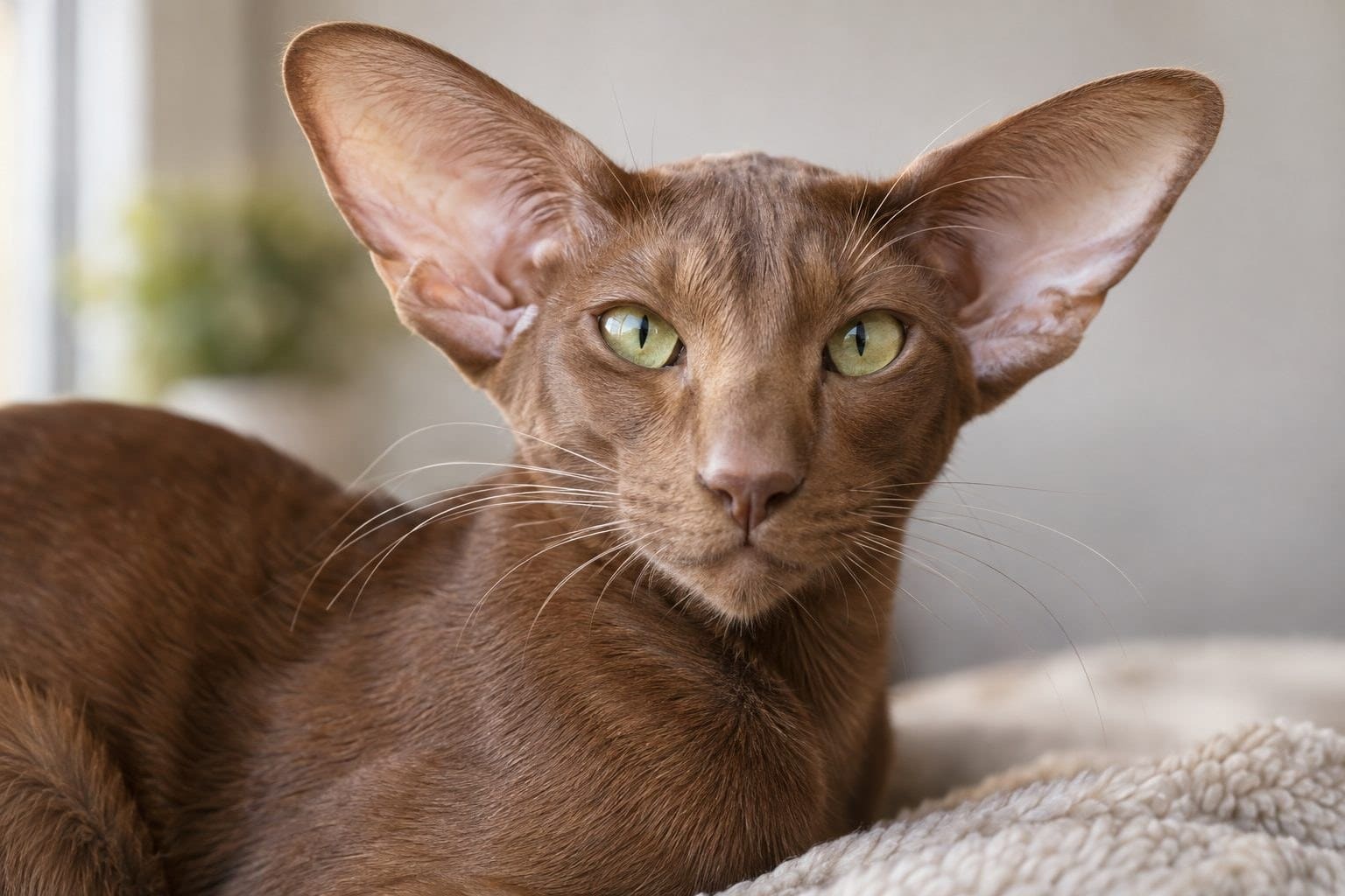 Chat Oriental Shorthair de robe cinnamon en gros plan