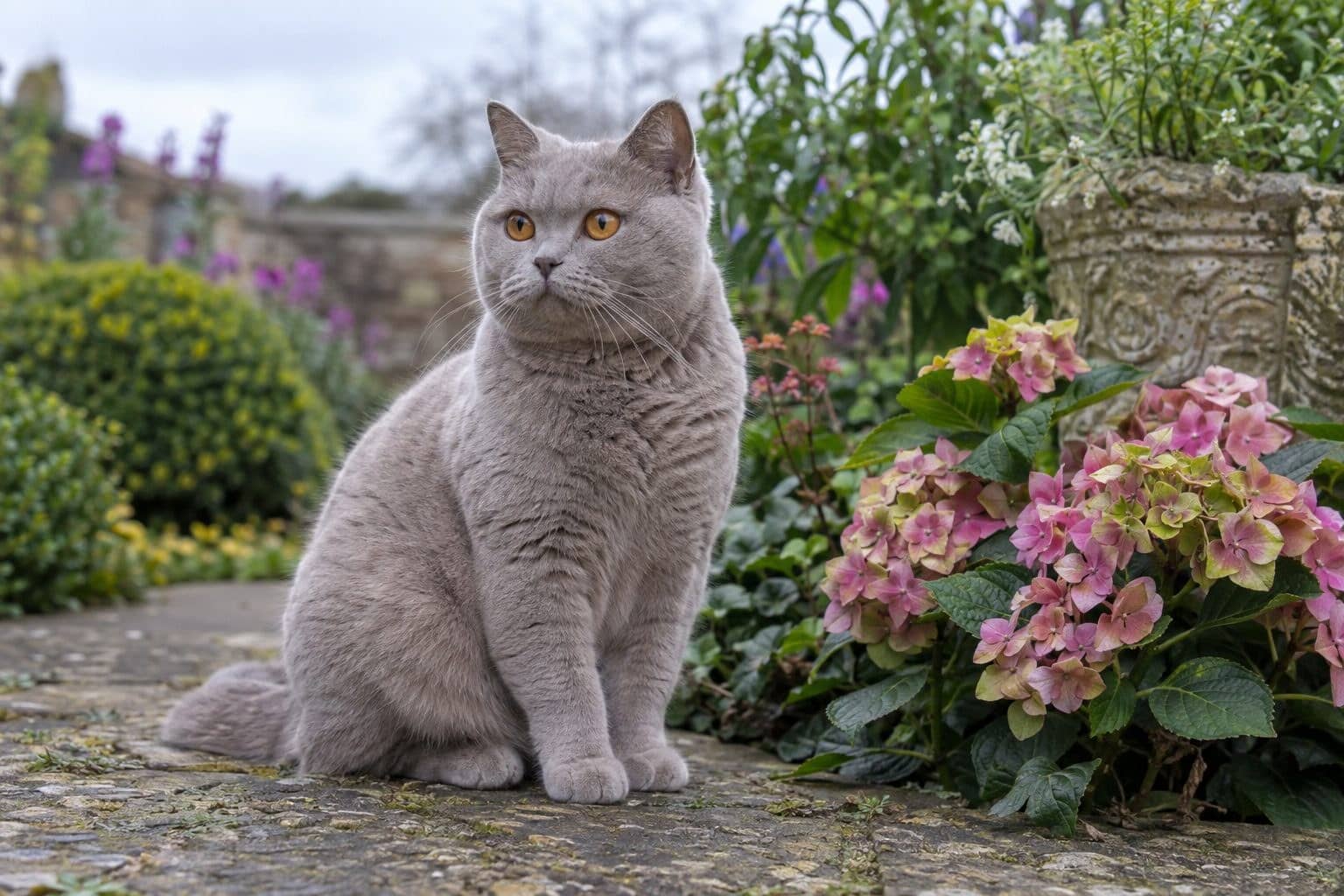 Chat British Shorthair de robe lilas en extérieur