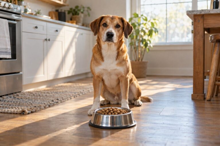 Un chien de race moyenne assis devant sa gamelle remplie de croquettes, dans une cuisine lumineuse, à l'heure du repas