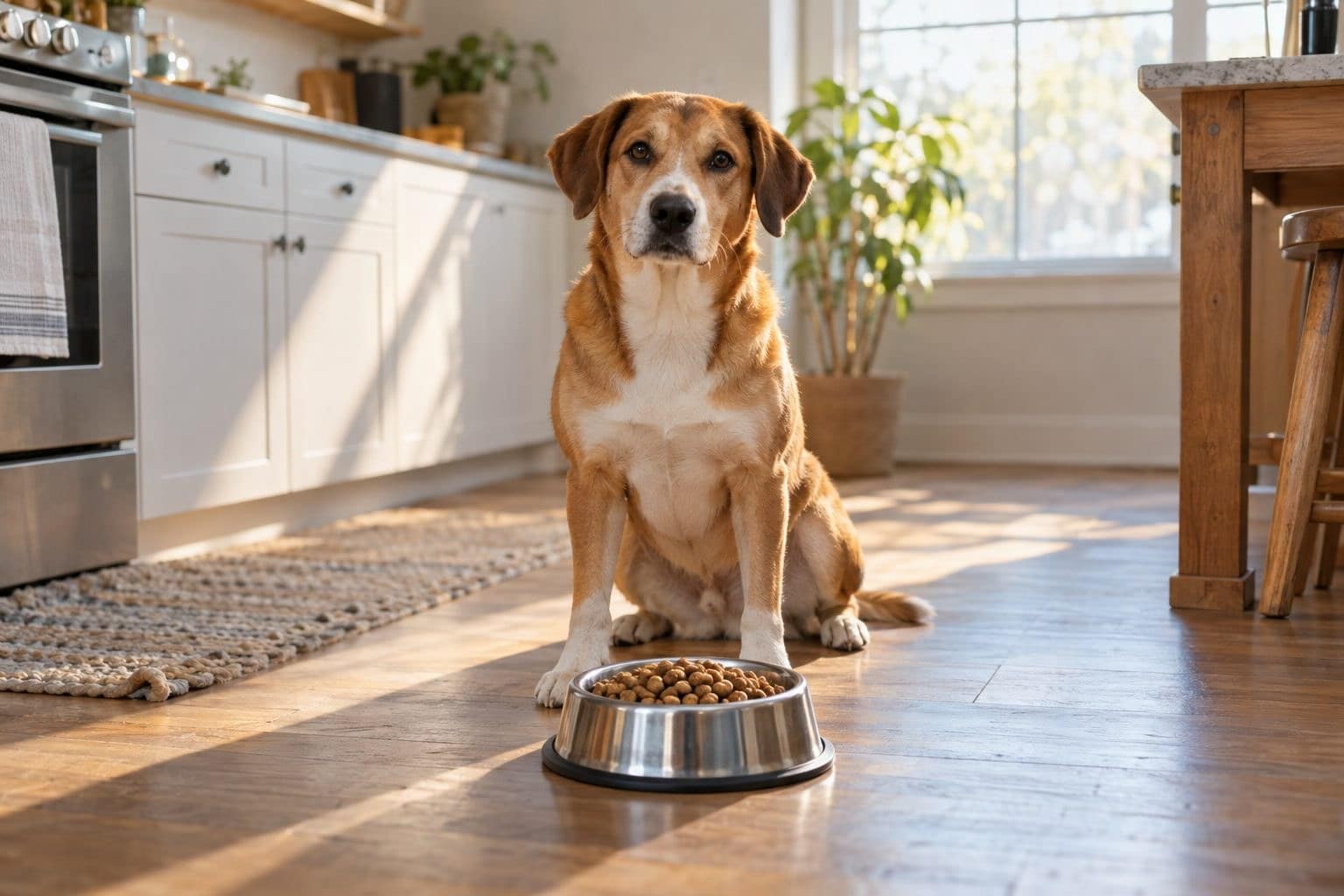 Un chien de race moyenne assis devant sa gamelle remplie de croquettes, dans une cuisine lumineuse, à l'heure du repas
