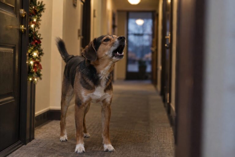 Un chien aboyant dans un immeuble urbain en hiver, vu depuis le palier avec décorations de Noël