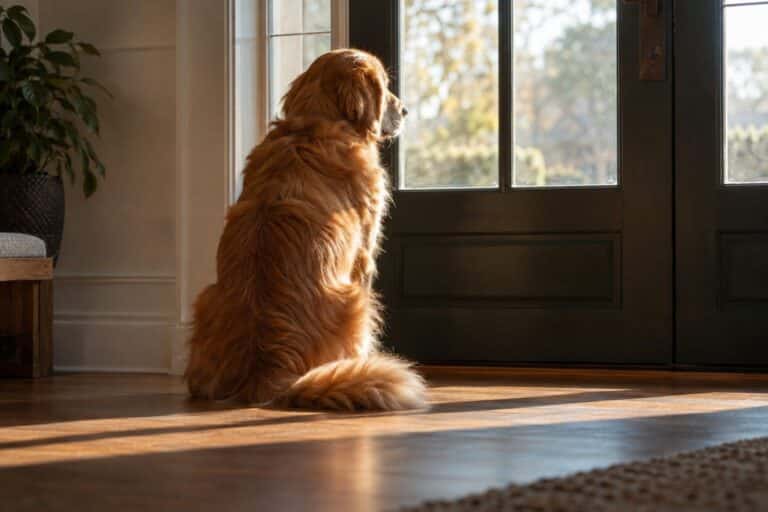 Un chien Golden Retriever attendant seul près d'une porte d'entrée, regardant vers l'extérieur avec une expression triste et mélancolique