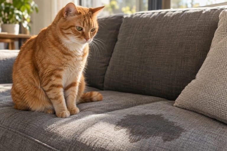 Un chat roux assis sur un canapé gris dans un salon moderne, avec une tache d'urine visible sur le tissu, lumière naturelle du matin
