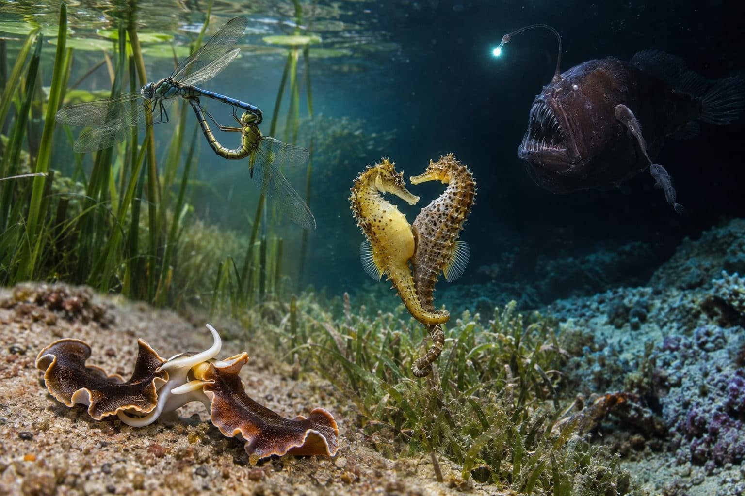 Collage de plusieurs couples d'animaux en accouplement montrant la diversité des stratégies reproductives