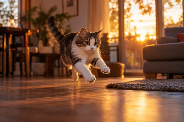 Un chat domestique en pleine activité ludique et énergique au crépuscule, sautant ou courant dans un intérieur