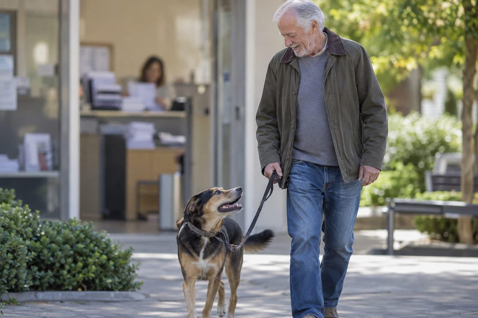 Un maître senior de race blanche en train de promener son chien de taille moyenne en laisse dans un parc urbain, avec formulaires administratifs visibles en arrière-plan flou
