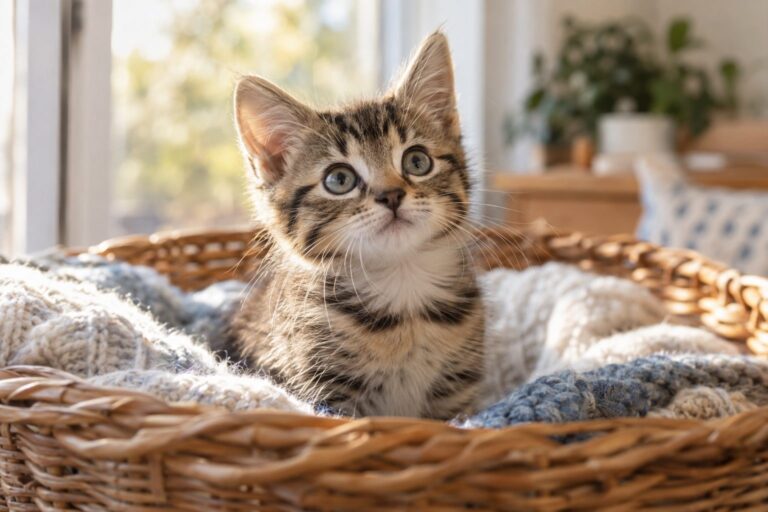 Un chaton roux ou tigré, les yeux écarquillés et curieux, assis dans un panier ou une corbeille douillette, premier jour d'arrivée à la maison