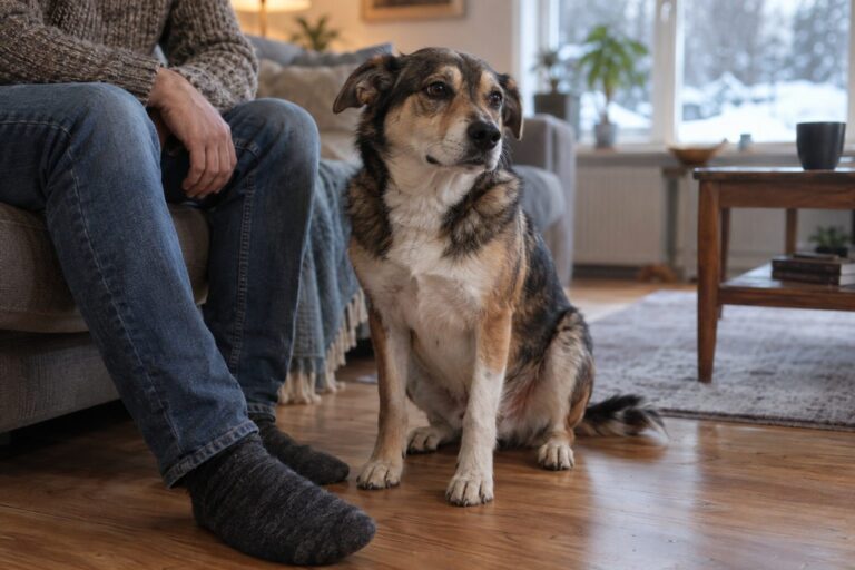 Un chien de refuge adulte de taille moyenne assis aux pieds d'une personne en intérieur modeste, lumière naturelle hivernale