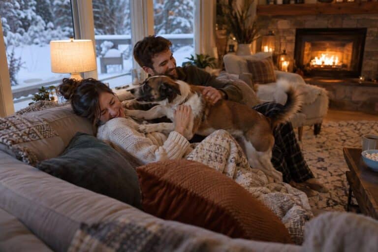 Un couple assis sur un canapé confortable dans un salon chaleureux en hiver, avec un chien adopté qui transforme leur routine quotidienne de manière inattendue