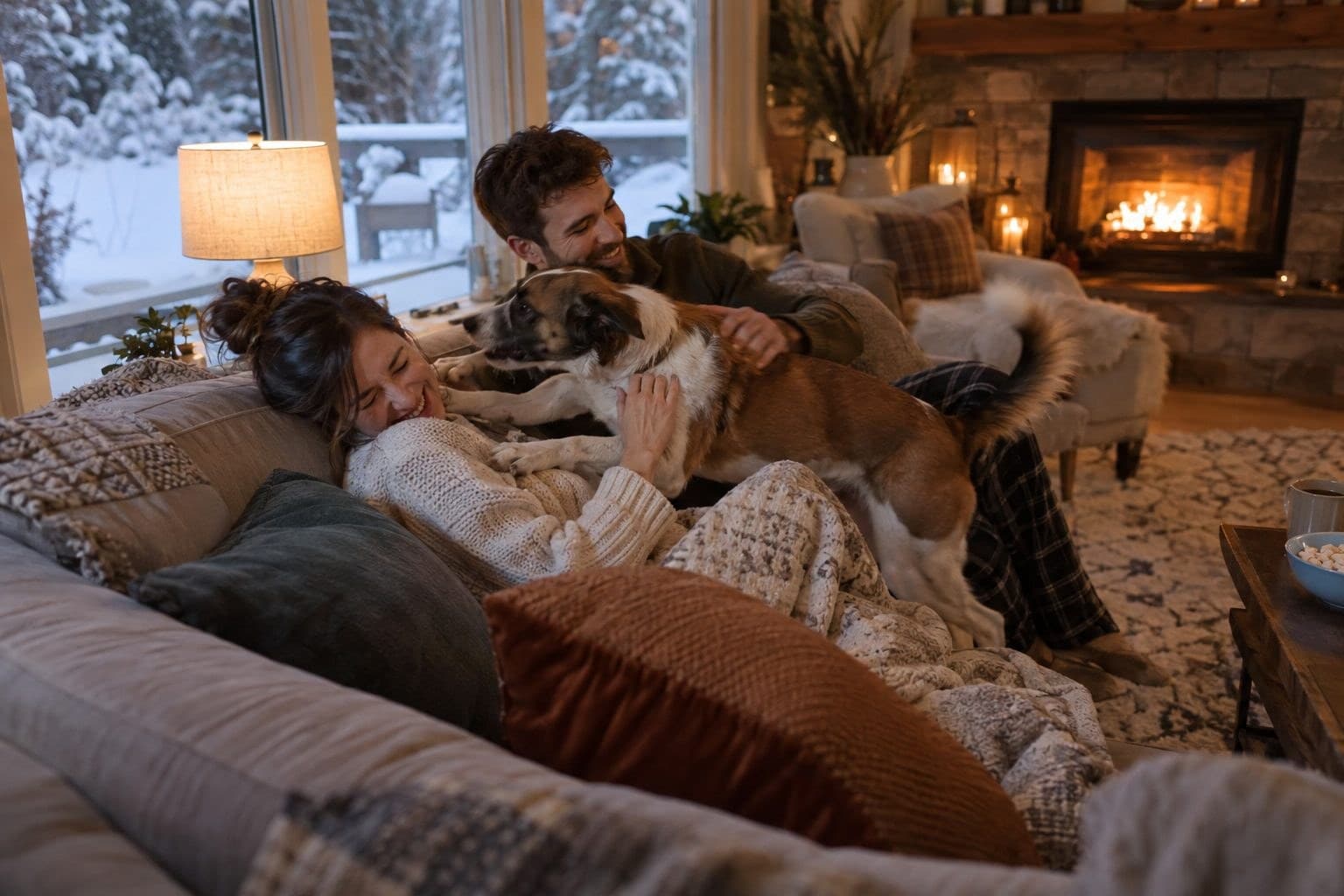 Un couple assis sur un canapé confortable dans un salon chaleureux en hiver, avec un chien adopté qui transforme leur routine quotidienne de manière inattendue