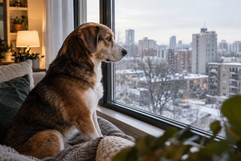 Un chien en appartement urbain près d'une fenêtre donnant sur la ville, l'animal regardant dehors avec mélancolie