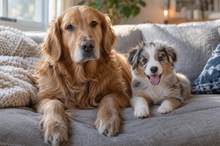 Un chiot et un chien adulte assis côte à côte sur un canapé, montrant le contraste entre leur âge et leur expression
