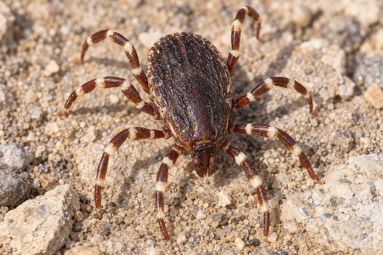 Tique Hyalomma marginatum en gros plan montrant ses pattes rayées caractéristiques