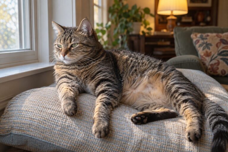 Un chat stérilisé gris tabby allongé paresseusement près d'une fenêtre fermée avec lumière naturelle douce, montrant son ventre légèrement arrondi