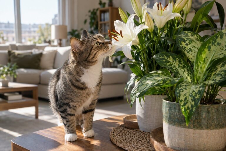 Un chat domestique curieux reniflant des plantes d'intérieur toxiques (lys, dieffenbachia) posées sur une table basse dans un salon moderne