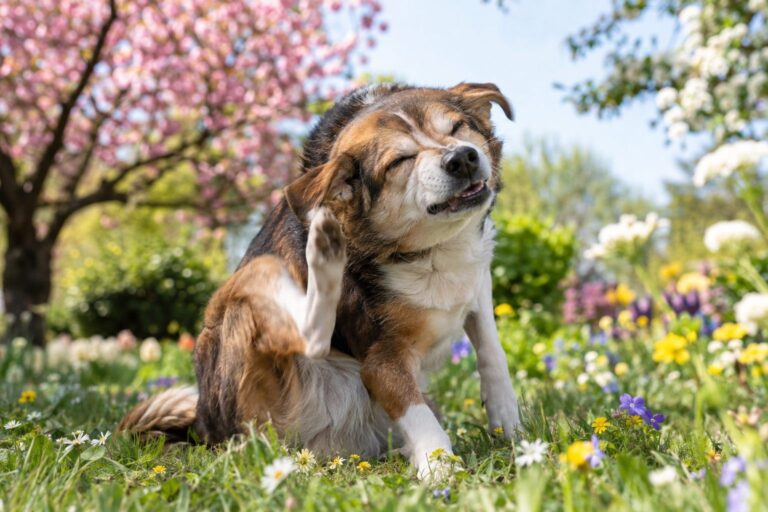 Chien (race mixte) éternuant et se grattant pendant une promenade au printemps parmi les fleurs en bloom