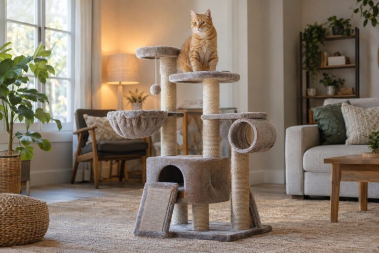 Chat roux assis sur un arbre à chat multi-niveaux, vue d'ensemble du mobilier félin dans un salon moderne