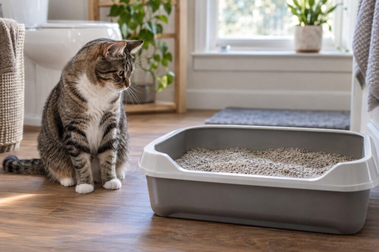 Un chat domestique assis près d'une litière remplie dans un intérieur d'appartement moderne