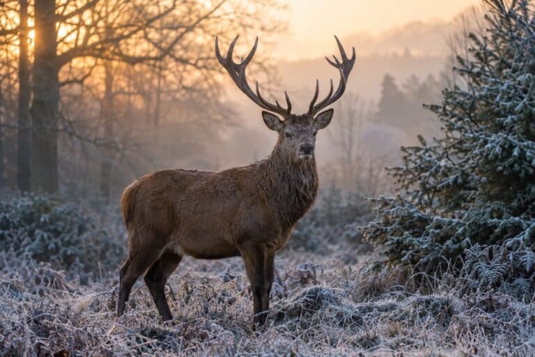 Un cerf mâle noble dans son environnement naturel de forêt hivernale britannique