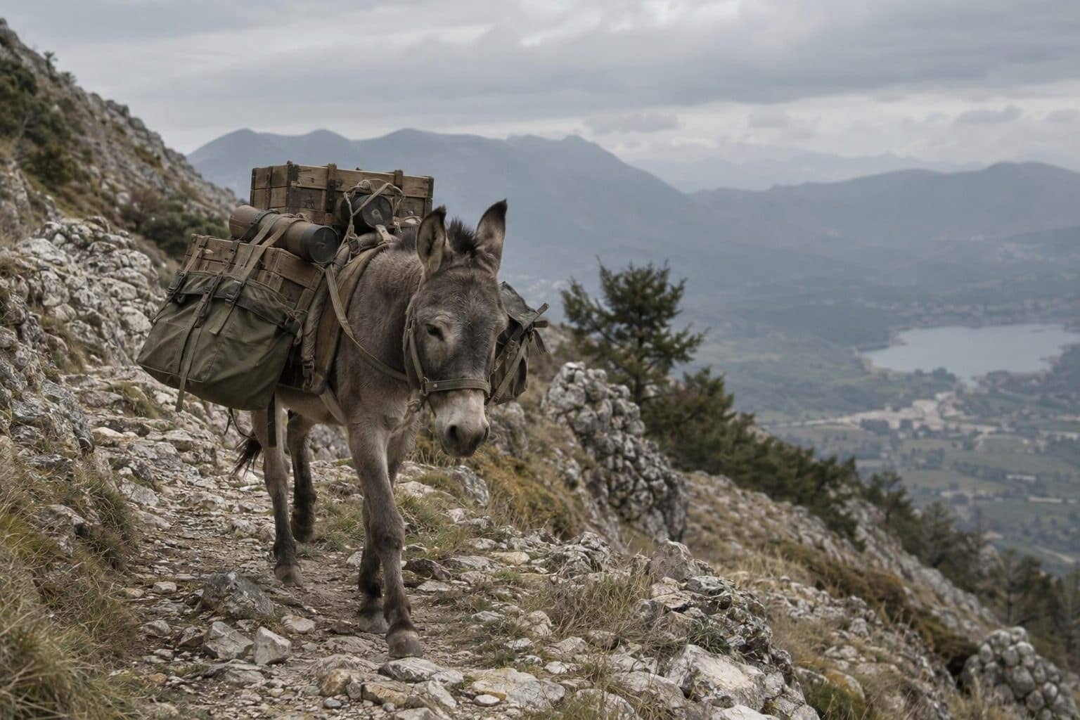 Un âne gris de trait transportant des munitions et des vivres sur un sentier montagneux accidenté