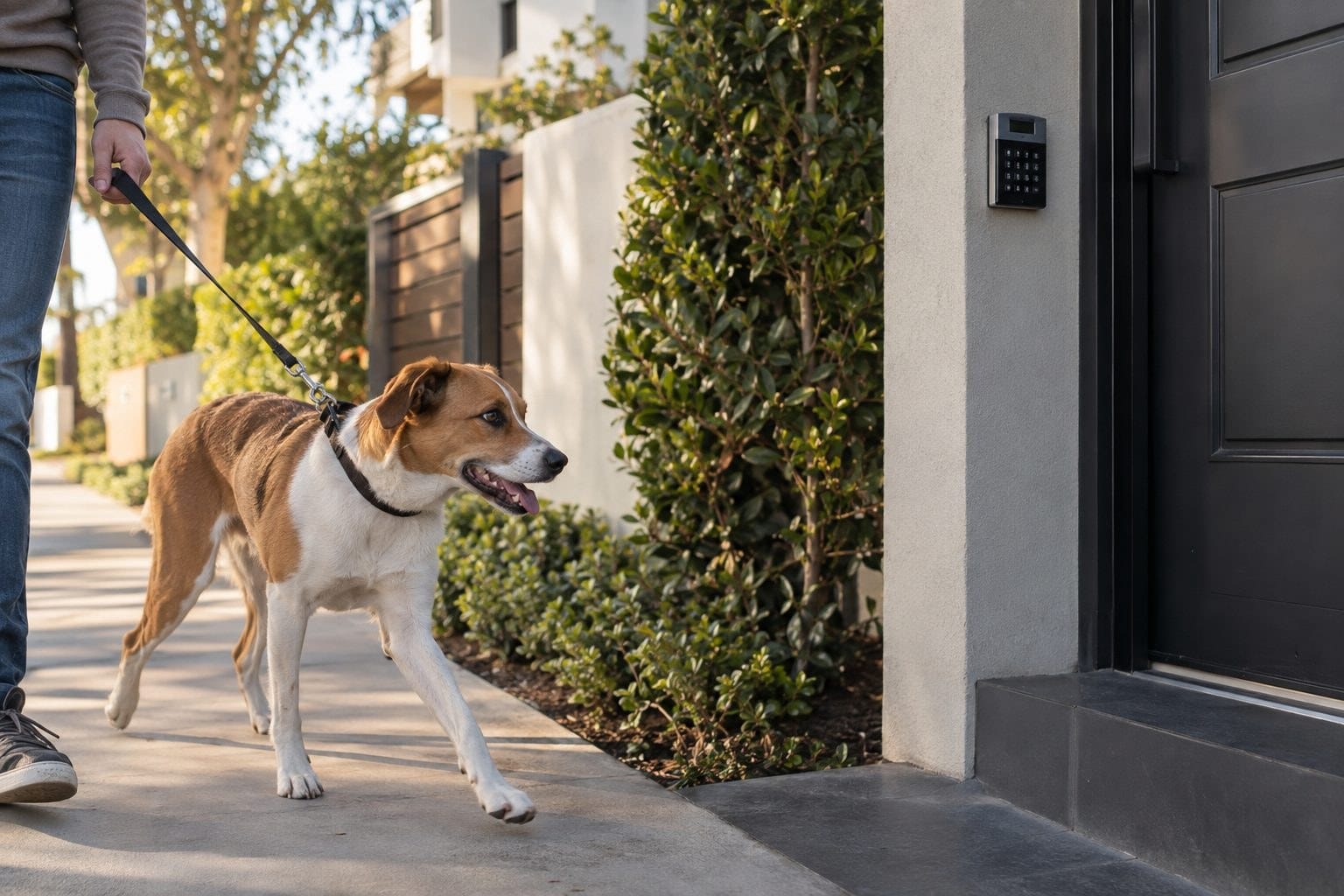 Un chien de race moyenne en promenade urbaine en laisse, passant devant une maison avec système d'alarme visible