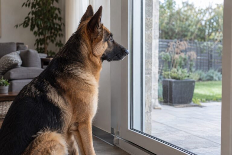 Un gros chien de garde observant l'intérieur d'une maison à travers une baie vitrée, système de surveillance visible
