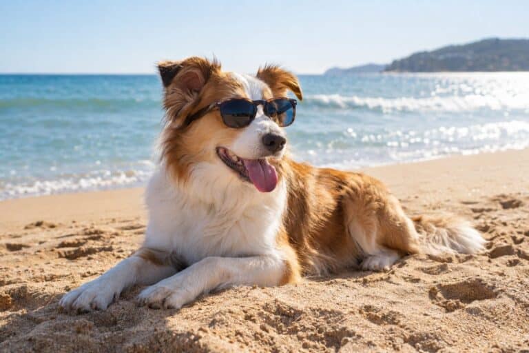 Un chien de race moyenne allongé sur le sable d'une plage, face au soleil d'été, portant des lunettes de soleil de manière ludique